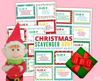 May include: A festive Christmas scavenger hunt set with colorful clue cards, a plush elf, and a wrapped gift. The clue cards feature holiday-themed borders and text, with the words "Christmas Scavenger Hunt" prominently displayed. The elf is wearing a red and green outfit.
