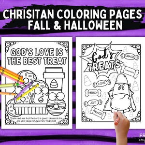 May include: Two printable coloring pages featuring Christian themes for fall and Halloween. The left page shows donuts and coffee with the text God's Love Is The Best Treat and Psalm 34:8. The right page shows candy and a character with the text God's Treats.