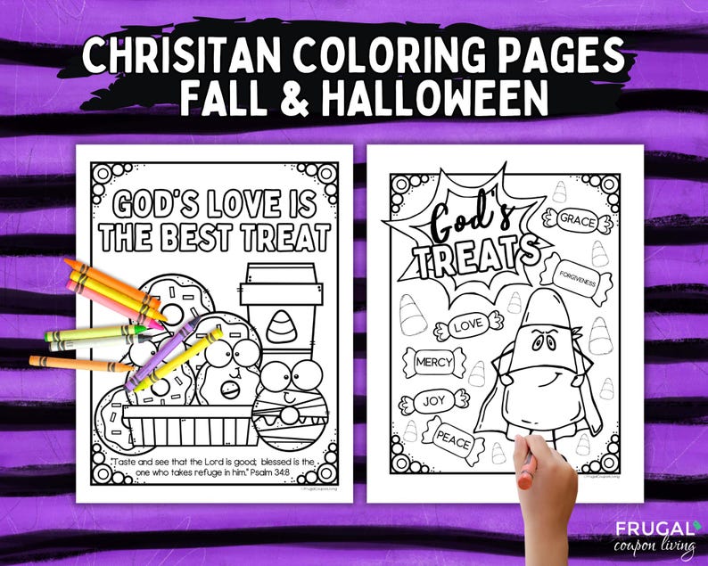 May include: Two printable coloring pages featuring Christian themes for fall and Halloween. The left page shows donuts and coffee with the text God's Love Is The Best Treat and Psalm 34:8. The right page shows candy and a character with the text God's Treats.