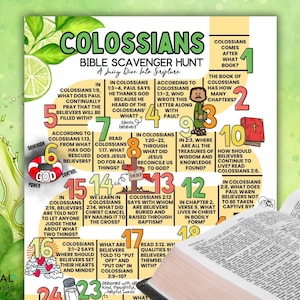 May include: A colorful Bible study guide titled "Colossians Bible Scavenger Hunt" with questions and answers. The design includes a lime and leaves graphic, and a partially visible open book.