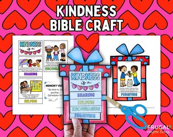 May include: A colorful craft project with the words "KINDNESS BIBLE CRAFT" at the top. The project includes a gift box design with the words "Kindness is a Gift" and illustrations about sharing, helping, encouraging, and forgiving. A pair of blue scissors is also included.