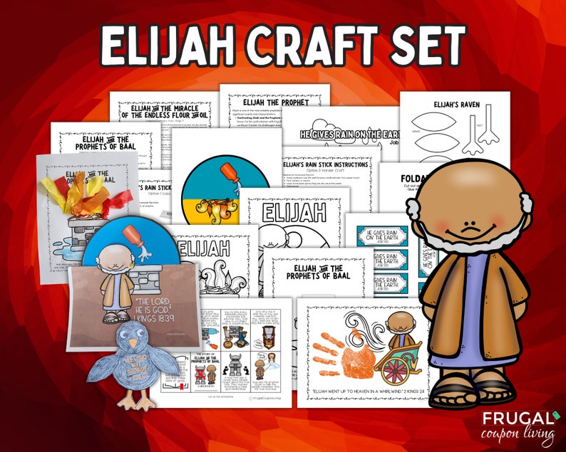 Pu&ograve; includere: Un set di attivit&agrave; manuali stampabili per bambini sul tema della storia biblica di Elia. Il set include pagine da colorare, attivit&agrave; di ritaglio e fogli di attivit&agrave;. Le attivit&agrave; presentano immagini di Elia, corvi e i profeti di Baal.