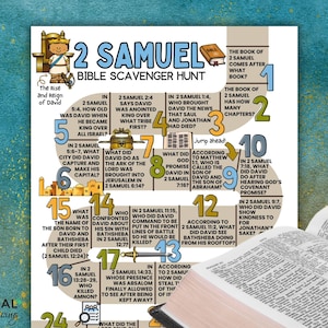 May include: A colorful Bible scavenger hunt poster for the book of 2 Samuel, with numbered questions and answers. The poster includes illustrations and text, with the words "2 Samuel Bible Scavenger Hunt" at the top.