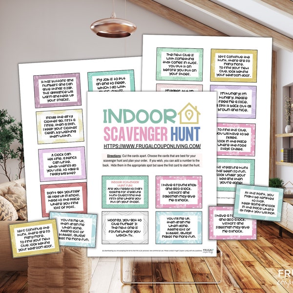 Indoor Scavenger Hunt Riddles for Kids PDF | 20 Fun Indoor Treasure Hunt Clues Cards for at Home | Printable Indoor Scavenger Hunt Clues