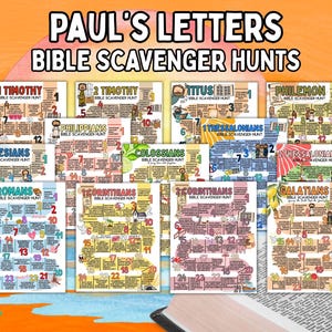 May include: A collection of colorful Bible scavenger hunt printables. Each features a different book of the Bible, including 1 Timothy, 2 Timothy, Titus, and more. The title "Paul's Letters Bible Scavenger Hunts" is displayed at the top.