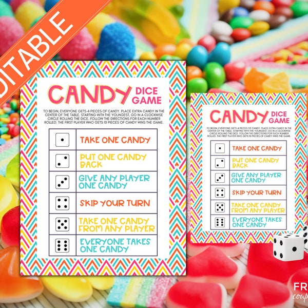 Candy Dice Game | Editable Dice Game Printable | Group Party Game for All Ages | Fun Activity Left Right Game | Printable Birthday Games |