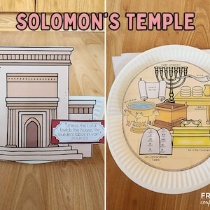 May include: A paper craft depicting Solomon's Temple, featuring a detailed illustration of the temple structure and a circular plate with religious symbols. The text "SOLOMON'S TEMPLE" is at the top.