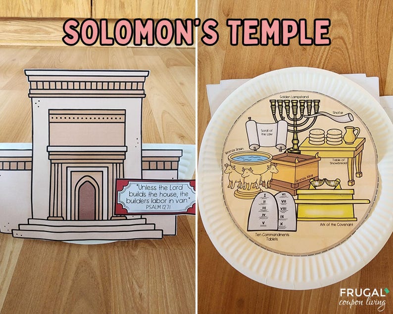 May include: A paper craft depicting Solomon's Temple, featuring a detailed illustration of the temple structure and a circular plate with religious symbols. The text "SOLOMON'S TEMPLE" is at the top.