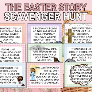 Christian Easter Story Scavenger Hunt for Kids, 20 At-Home Treasure Hunt Clues on the Ressurection of Christ, Christ-Focused Easter Activity
