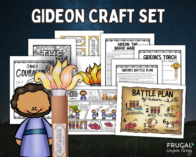 May include: A Gideon craft set for kids to learn about the Bible story of Gideon. The set includes a coloring page, a battle plan, a torch craft, and a comic strip. The set is designed to be used in a classroom or at home.