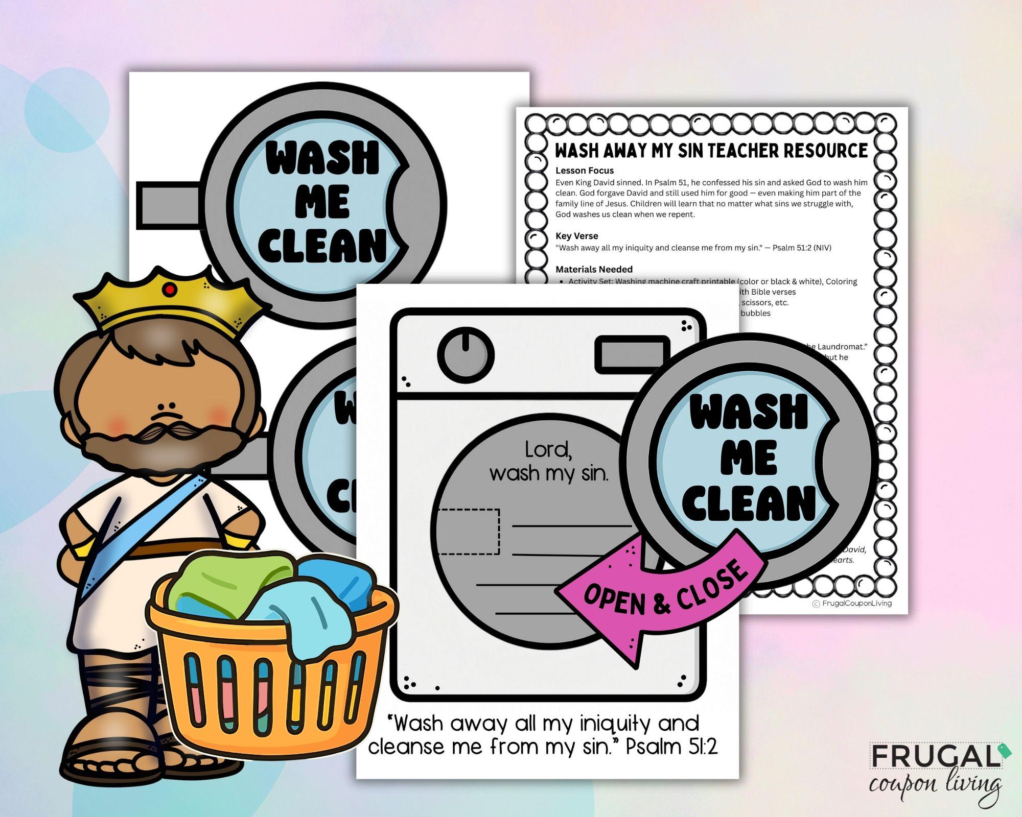 sin craft activity for kids, king david washing machine template, create in me a clean heart psalm 51 sin lesson, made clean laundry theme