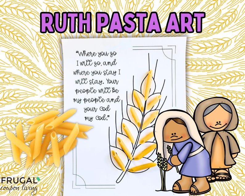 Pu&ograve; includere: Un'attivit&agrave; artigianale stampabile per bambini con la storia di Rut della Bibbia. L'immagine mostra uno stelo di grano fatto di pasta, due ragazze e una citazione dalla Bibbia: "Dove andrai, andr&ograve; anch'io, e dove ti fermerai, mi fermer&ograve; anch'io. Il tuo popolo sar&agrave; il mio popolo, e il tuo Dio sar&agrave; il mio Dio."