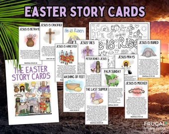 May include: A set of colorful Easter story cards with illustrations and text. The cards feature scenes from the Easter story, such as Jesus being betrayed, crucified, and resurrected. The cards are designed for children and include scripture references.