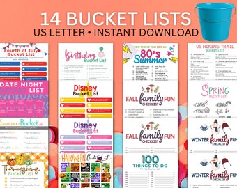 Afdrukbare set bucketlist, het hele jaar door leuke gezinsactiviteiten, 14 seizoensgebonden checklist met ideeën voor bucketlist pdf, schermloze activiteiten voor groepen