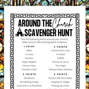 Editable Church Scavenger Hunt Ideas | Personalized Church Treasure Hunt PDF | Kids' Ministry, Church Game, Youth Group Game Printable