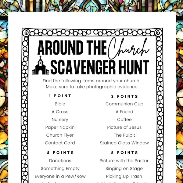 Editable Church Scavenger Hunt Ideas | Personalized Church Treasure Hunt PDF | Kids' Ministry, Church Game, Youth Group Game Printable