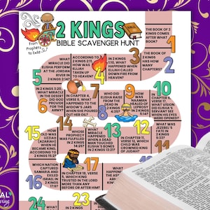 Può includere: Un colorato schema di caccia al tesoro biblica per il libro dei 2 Re, con domande e risposte numerate. Lo schema include illustrazioni e testo, progettato per attività educative o religiose.