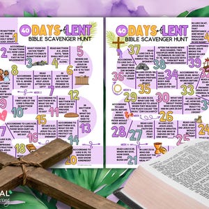 May include: A printable 40 Days of Lent Bible Scavenger Hunt with a purple and pink background. The hunt is divided into four weeks, with each week containing 10 questions. The questions are based on verses from the Bible, and the answers are found in the Bible.