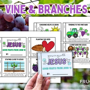Może przedstawiać: Drukowana broszura zatytułowana Vine & Branches Growing with Jesus Good Fruits from John 15, zawierająca rysunkowe ilustracje traktora, serca, winorośli oraz tekst. Strony zawierają napisy takie jak Planting the Seed i Staying Close to Jesus.