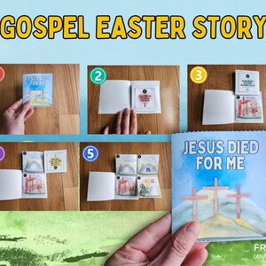 May include: A five-panel booklet with colorful illustrations depicting the Easter story. The booklet is titled "Jesus Died For Me".