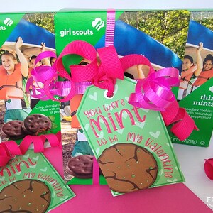 K&ouml;nnte beinhalten: Ein gr&uuml;nes Geschenkanh&auml;nger mit einer braunen Schokoladenkeksgrafik und dem Text "You were Mint to be My Valentine". Der Anh&auml;nger ist mit einem rosa Band an einer Schachtel Girl Scout Thin Mints Kekse gebunden.