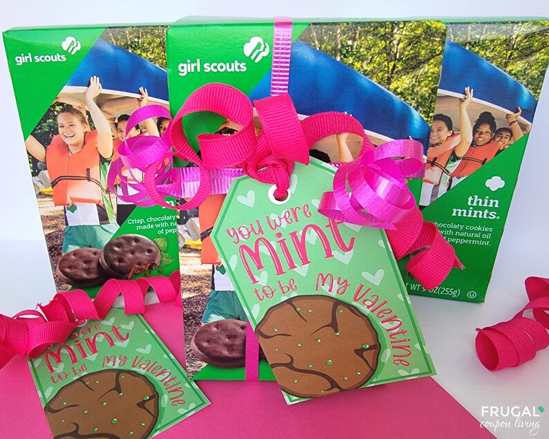 K&ouml;nnte beinhalten: Ein gr&uuml;nes Geschenkanh&auml;nger mit einer braunen Schokoladenkeksgrafik und dem Text "You were Mint to be My Valentine". Der Anh&auml;nger ist mit einem rosa Band an einer Schachtel Girl Scout Thin Mints Kekse gebunden.