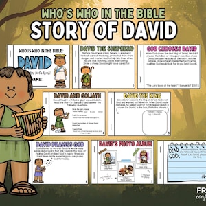 Puede incluir: Un colorido póster educativo titulado "Who's Who in the Bible: Story of David". El póster presenta ilustraciones de dibujos animados y cuadros de texto que detallan la vida de David, incluyendo David el Pastor y David y Goliat.