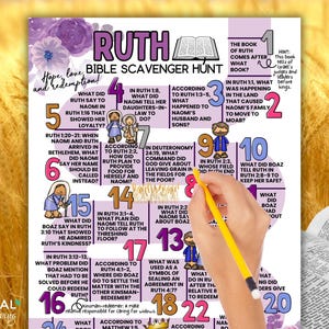 May include: A colorful Bible scavenger hunt chart about the Book of Ruth, with text and illustrations. A hand with a yellow pencil points to question 9. The chart includes the text "Hope, love, and redemption!" and "Frugal coupon living."