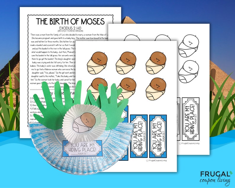Pu&ograve; includere: Un'attivit&agrave; artigianale stampabile per bambini con un piatto di carta blu con un'impronta di mano di carta verde e un bambino in un cesto. Il testo "Tu sei il mio nascondiglio! Salmo 32:7" &egrave; sul piatto. Ci sono anche delle schede stampabili con lo stesso testo e un bambino in un cesto.