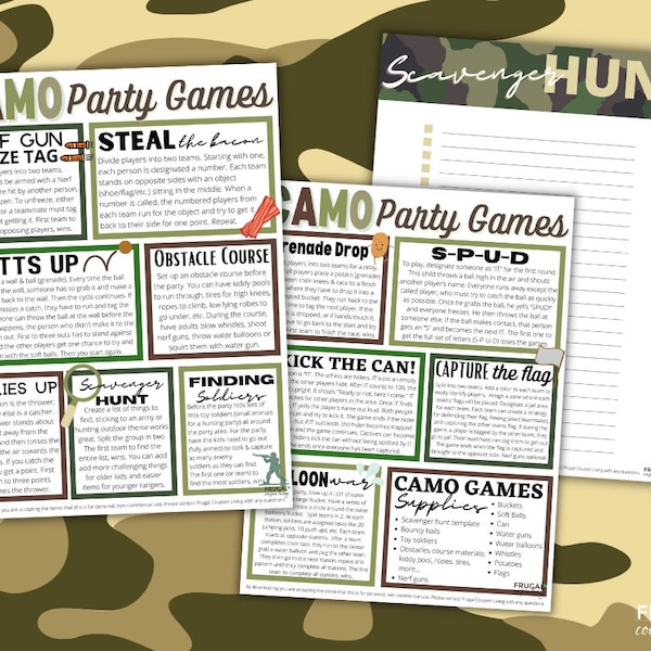 12 Camo Party Games for Kids |  Camouflage Birthday Party | Kids Activities with Instructions & Checklist |  Soldier. Hunting, Army Theme