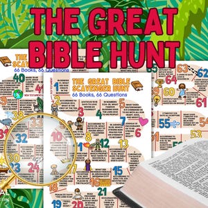 May include: A colorful printable Bible scavenger hunt game with 66 questions. The game is designed to help people learn about the Bible. The game is printed on white paper with colorful illustrations and text.