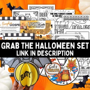 May include: A collection of black and white printable activity sheets featuring Halloween themes, including a scavenger hunt, coloring pages, and a 3D paper bat craft with the word BATTY printed on it, alongside a circular graphic labeled God's TREATS.
