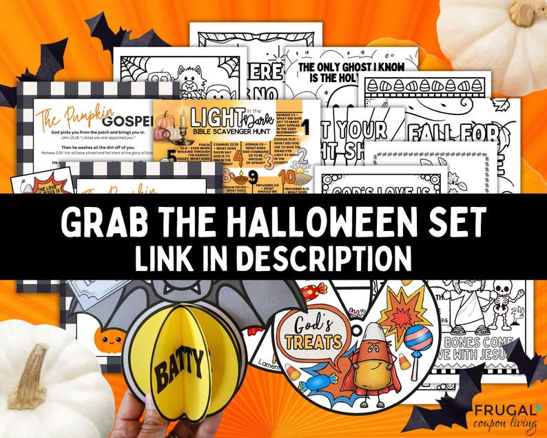 May include: A collection of black and white printable activity sheets featuring Halloween themes, including a scavenger hunt, coloring pages, and a 3D paper bat craft with the word BATTY printed on it, alongside a circular graphic labeled God's TREATS.