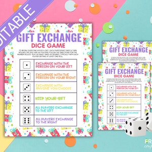 May include: Printable gift exchange dice game cards with colorful gift boxes and stars on a white background. The cards have instructions for each number rolled on the dice, such as "Exchange with the person on your left" and "All players exchange to the right".