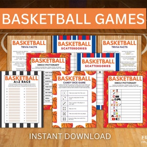Basketball Games Printables | March Candy Dice Game, Basketball Trivia Game, Scattergories, A to Z Game, & Basketball Emoji Pictionary Set