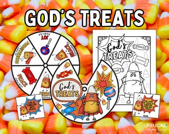 Christian Halloween Printable Set, God's Treats Color Wheel Craft, Trunk or Treat Candy Gift Tags, Kids' Fall Festival Gospel Coloring Page