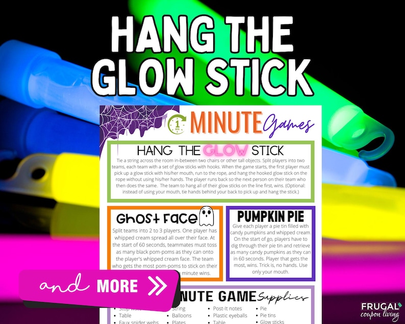 Op de afbeelding: Afbeelding van een Halloween-thema partyspel met de tekst "HANG THE GLOW STICK". De afbeelding toont glowsticks en instructies voor verschillende minuutspellen, waaronder "Ghost Face" en "Pumpkin Pie".
