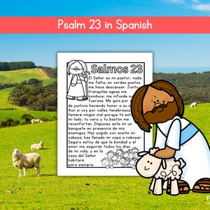 May include: A black and white illustration of a shepherd holding a lamb. The text in the image reads "Salmos 23" and includes a Spanish translation of Psalm 23.