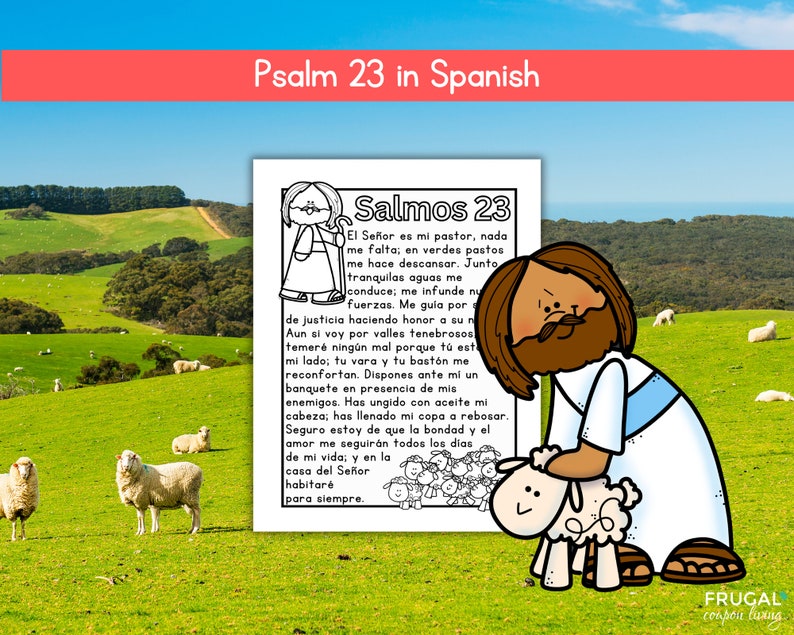 May include: A black and white illustration of a shepherd holding a lamb. The text in the image reads "Salmos 23" and includes a Spanish translation of Psalm 23.