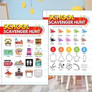 Könnte beinhalten: Ein druckbares Schul-Schnitzeljagd-Aktivitätsblatt mit bunten Illustrationen und Text. Das Blatt enthält eine Liste von Gegenständen, die in der Schule zu finden sind, wie z. B. ein Schulbus, ein Lehrerpult, eine Flagge, eine Bibliothek, eine Karte, ein Kunstraum, ein Musikraum, ein Spielplatz, ein Ausgangsschild, eine Cafeteria, Toiletten, Rucksäcke, eine Turnhalle, das Büro des Schulleiters, dein Schreibtisch und ein Kalender.