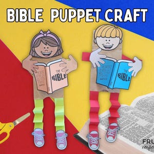 May include: A craft project showing two paper bag puppets reading books labelled "The Bible." The puppets have paper arms and accordion-folded legs. The background is a colourful arrangement of red, yellow, and blue.