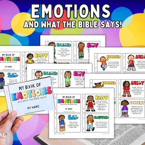 May include: Educational cards titled "Emotions and What the Bible Says!" with illustrations of emotions such as happy, sad, and angry. Each card includes Bible verses. The cards are designed for educational use.
