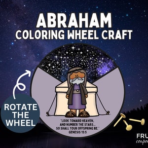 Puede incluir: Un modelo de artesanía de rueda para colorear imprimible con Abraham, un personaje bíblico, de pie frente a una tienda de campaña con un fondo de cielo nocturno estrellado. El texto "Mira hacia el cielo, y cuenta las estrellas... Así será tu descendencia." se incluye, junto con la referencia Génesis 15:5.