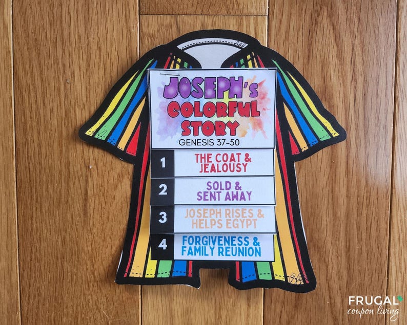 May include: A colorful, rainbow-striped paper cutout of a robe with a title "Joseph's Colorful Story" and four numbered sections: "The Coat & Jealousy", "Sold & Sent Away", "Joseph Rises & Helps Egypt", and "Forgiveness & Family Reunion".