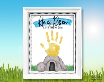 Easter Handprint Art He is Risen Matthew 28:6, Resurrection Empty Tomb Sunday School Handprint Craft Printable, Christ-Centered Activity