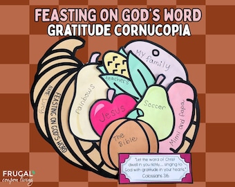 Feasting on the Word Bible Craft, Kids' Autumn Gratitude Activity Thanksgiving, Christian Fall Cornucopia Printable Harvest, Colossians 3:16