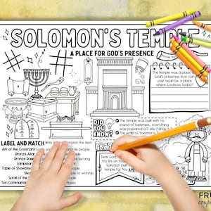 May include: Black and white coloring page titled "Solomon's Temple" with illustrations of religious symbols and structures. Includes text boxes for labeling and a prayer section. Crayons and a pencil are visible.