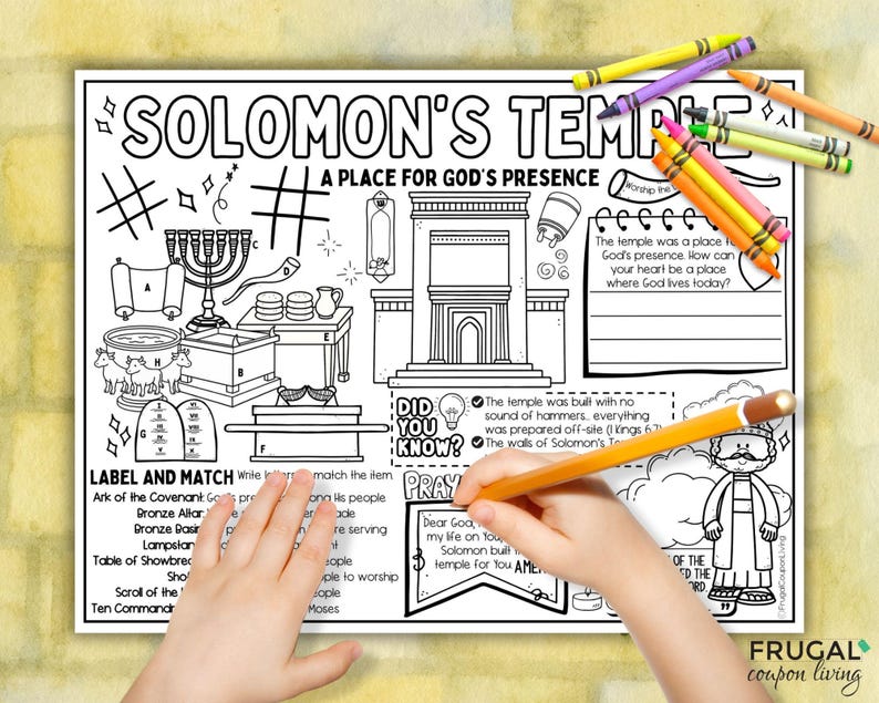 May include: Black and white coloring page titled "Solomon's Temple" with illustrations of religious symbols and structures. Includes text boxes for labeling and a prayer section. Crayons and a pencil are visible.
