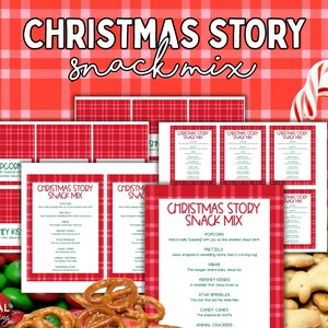 May include: A printable Christmas Story snack mix card set featuring a red and white plaid background. The text reads Christmas Story snack mix and lists ingredients including popcorn, pretzels, M&Ms, Hershey Kisses, star sprinkles, and candy canes.