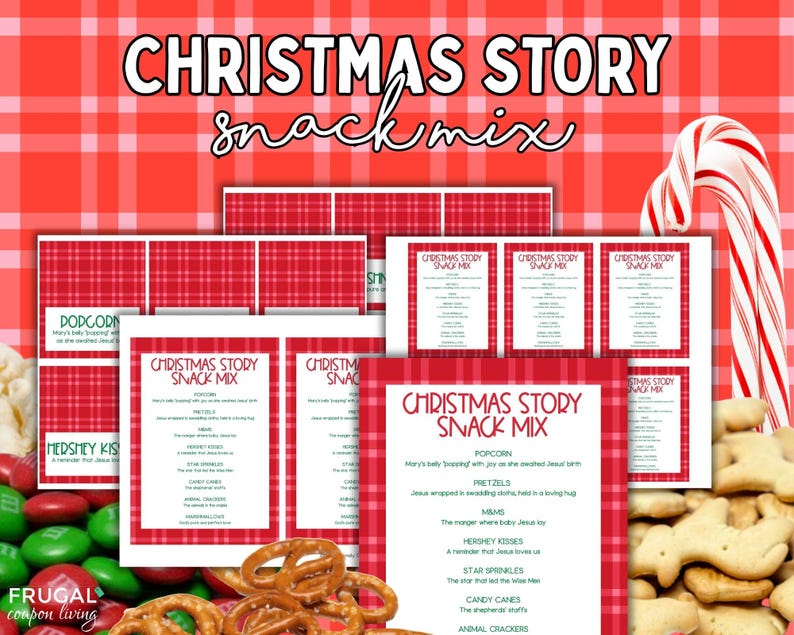 May include: A printable Christmas Story snack mix card set featuring a red and white plaid background. The text reads Christmas Story snack mix and lists ingredients including popcorn, pretzels, M&Ms, Hershey Kisses, star sprinkles, and candy canes.
